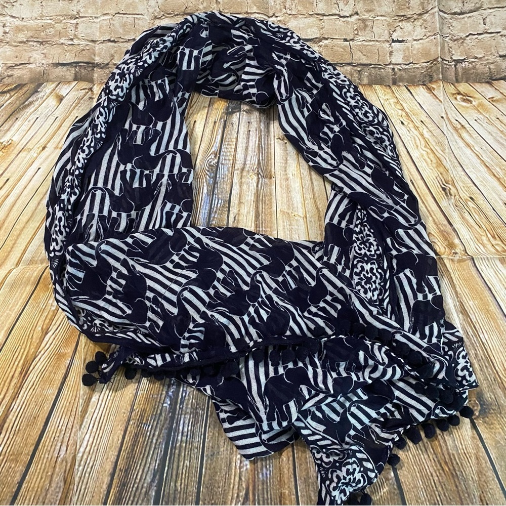 Crown & Ivy Blue White Elephant Print Pom Pom Soft Viscose Scarf